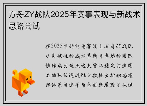 方舟ZY战队2025年赛事表现与新战术思路尝试