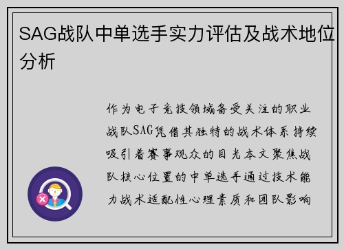 SAG战队中单选手实力评估及战术地位分析