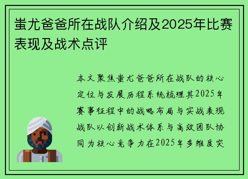 蚩尤爸爸所在战队介绍及2025年比赛表现及战术点评